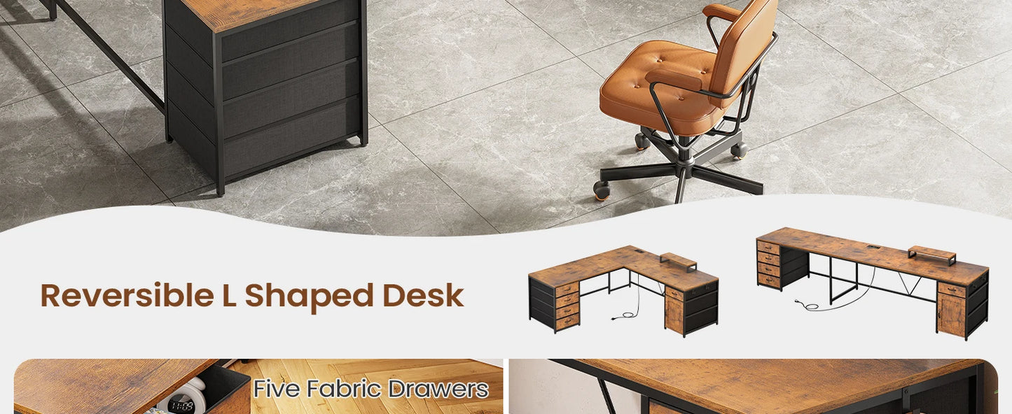 63 Inch L Shaped Corner Desk With 5 Drawers And Power Outlet For Home Office