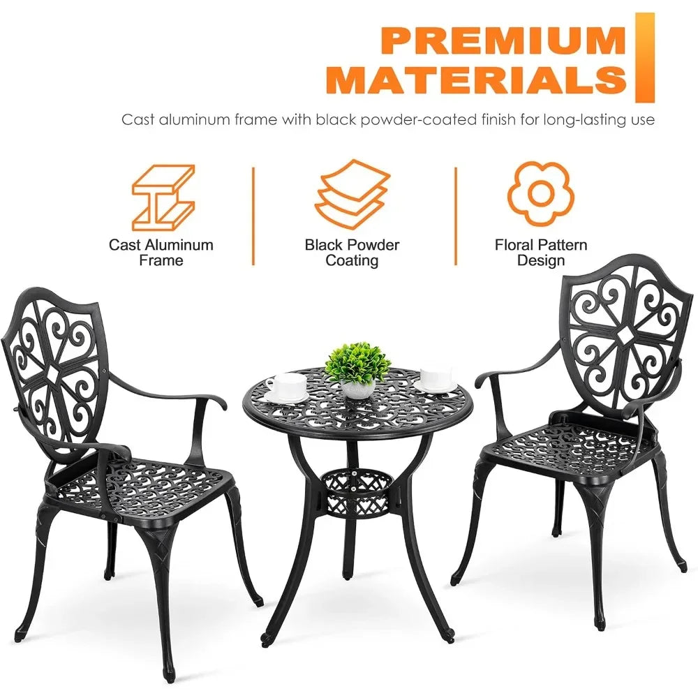 3 Piece Patio Cast Aluminum Bistro Set With Umbrella Hole Table And Chairs