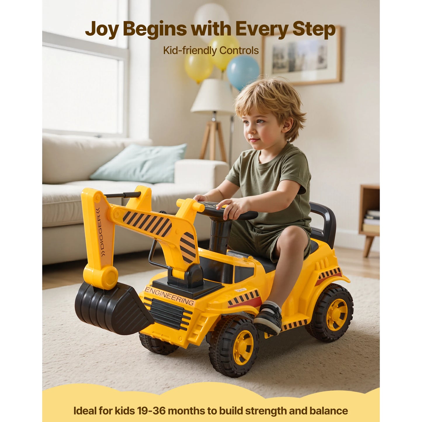 SucceBuy Excavator Digger Ride On Toy For Kids With Helmet And Music