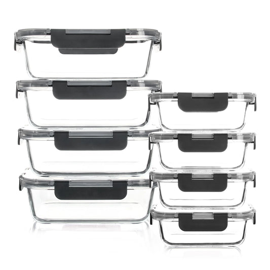 8 Piece Glass Food Storage Containers Set BPA Free Leakproof Microwave and Oven Safe 6 Sizes Borosilicate Glass Lock Lid