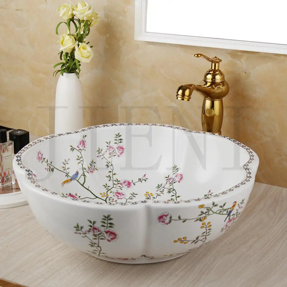 Jieni Art Ceramic Basin Set Blossoms Spring Brass Tap