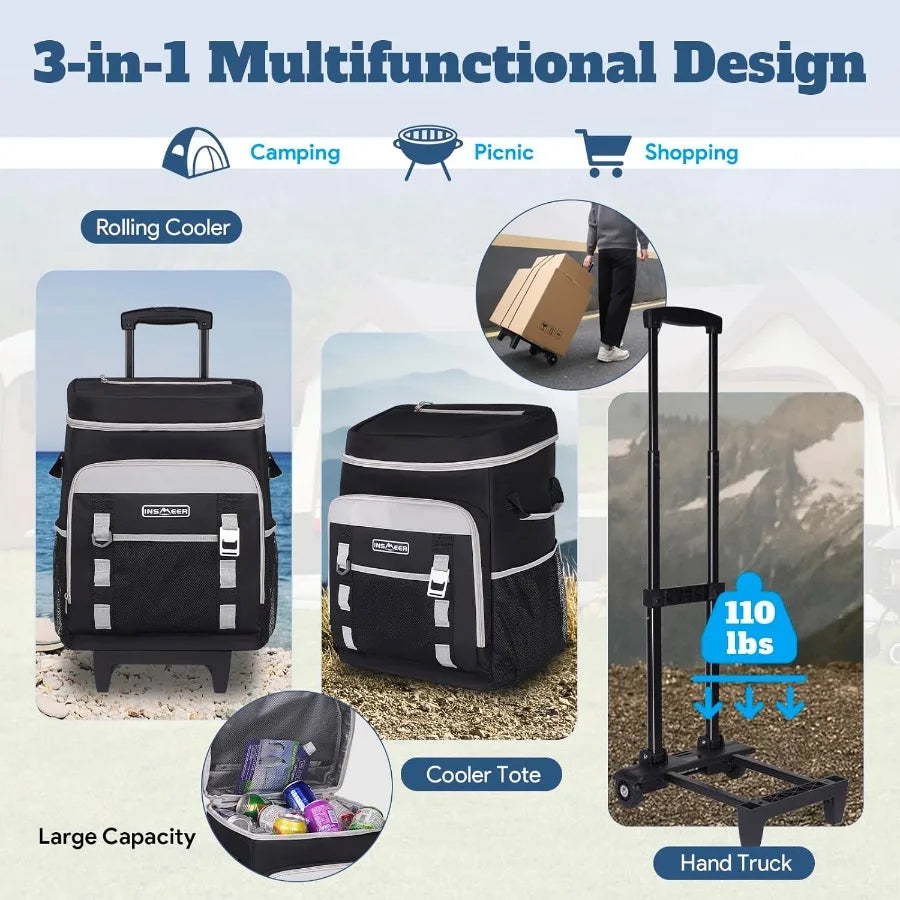 Portable Rolling Cooler 80-Can 50L Collapsible Soft-Sided 2-in-1 Trolley