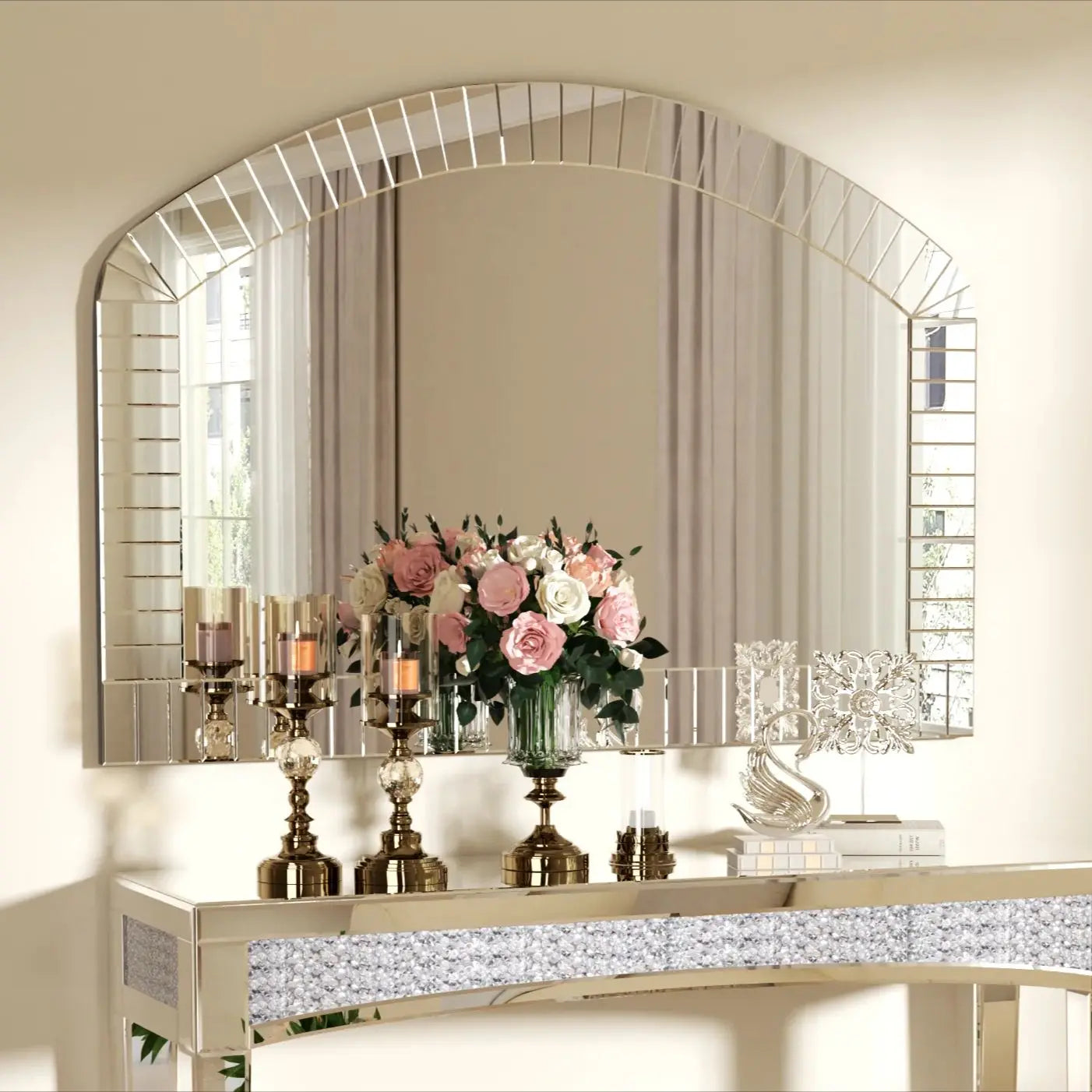 Large Silver Arched Wall Mirror Decorative Venetian Accent Mirror Home Living Room Decor Bling Beveled Edge