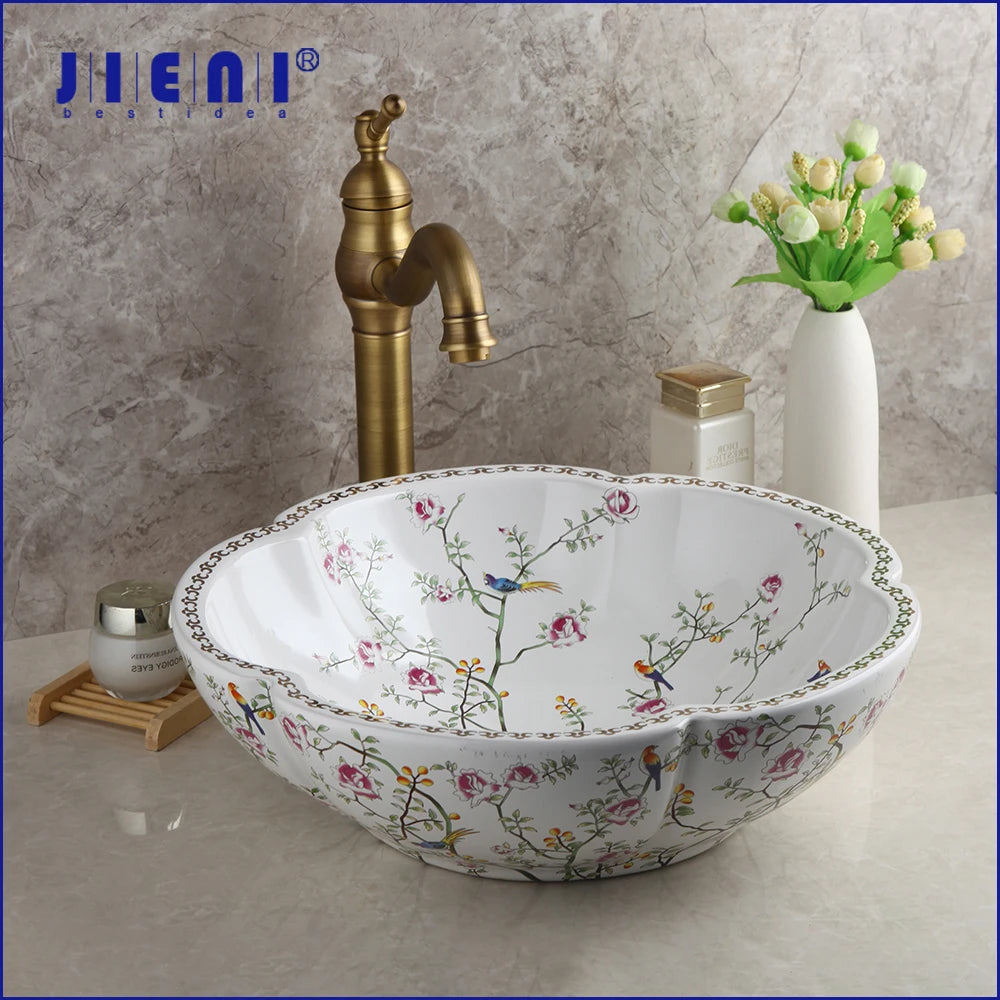Jieni Art Ceramic Basin Set Blossoms Spring Brass Tap