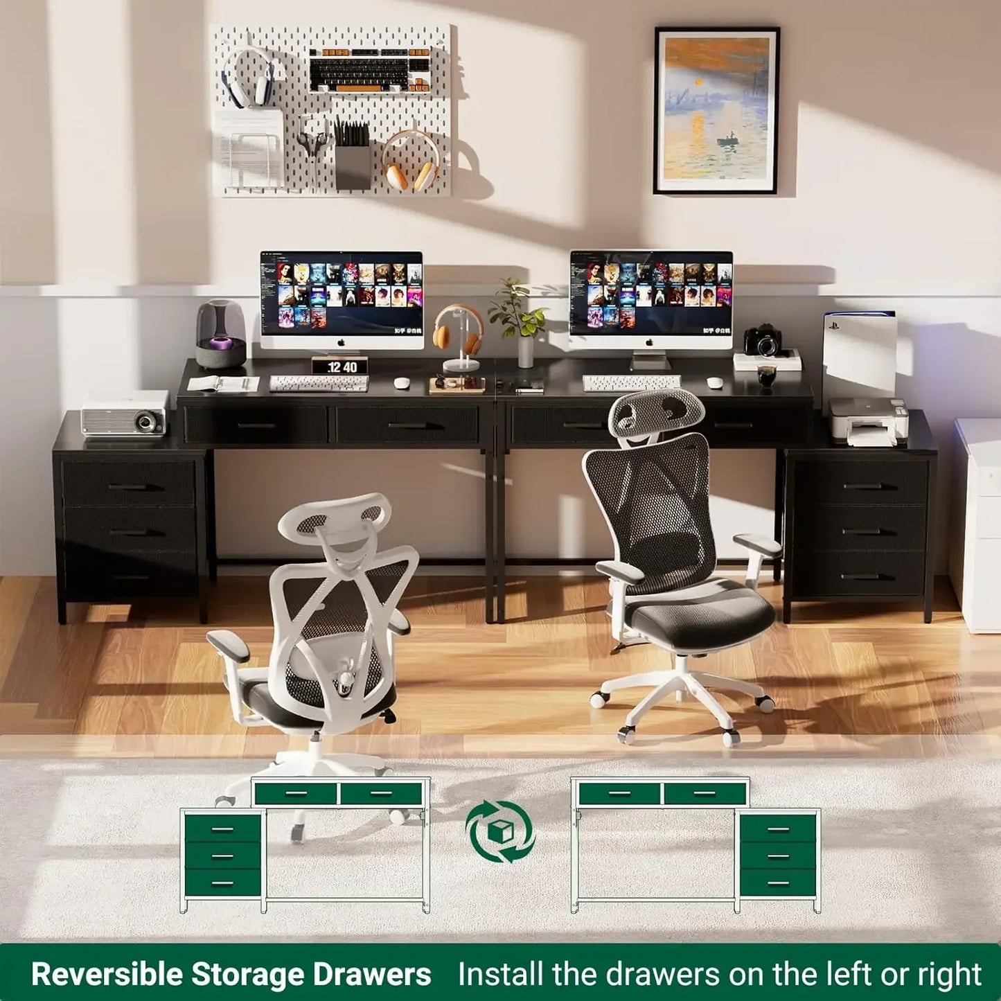 Reversible Computer Desk With 5 Drawers And USB Ports