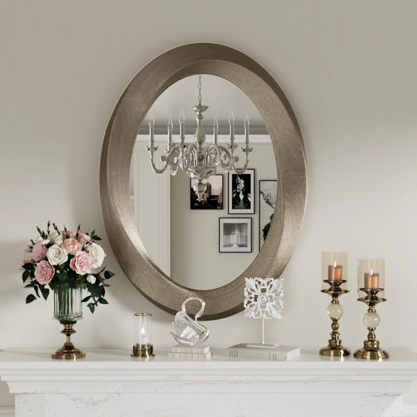 Large Oval Baroque Wall Mirror Silver Glass Vanity with Brass Edge Frame for Modern Minimalist Home Decor 32x24 Inch