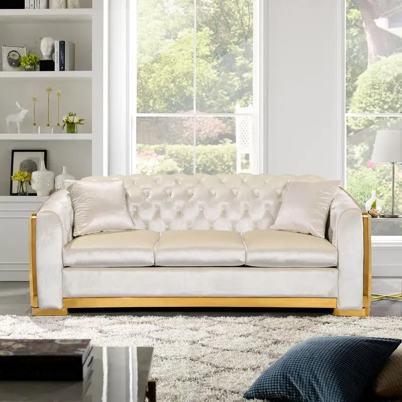 Beige Velvet Sofa Set 84 Inch Tufted 3 Seater With Gold Stainless Legs
