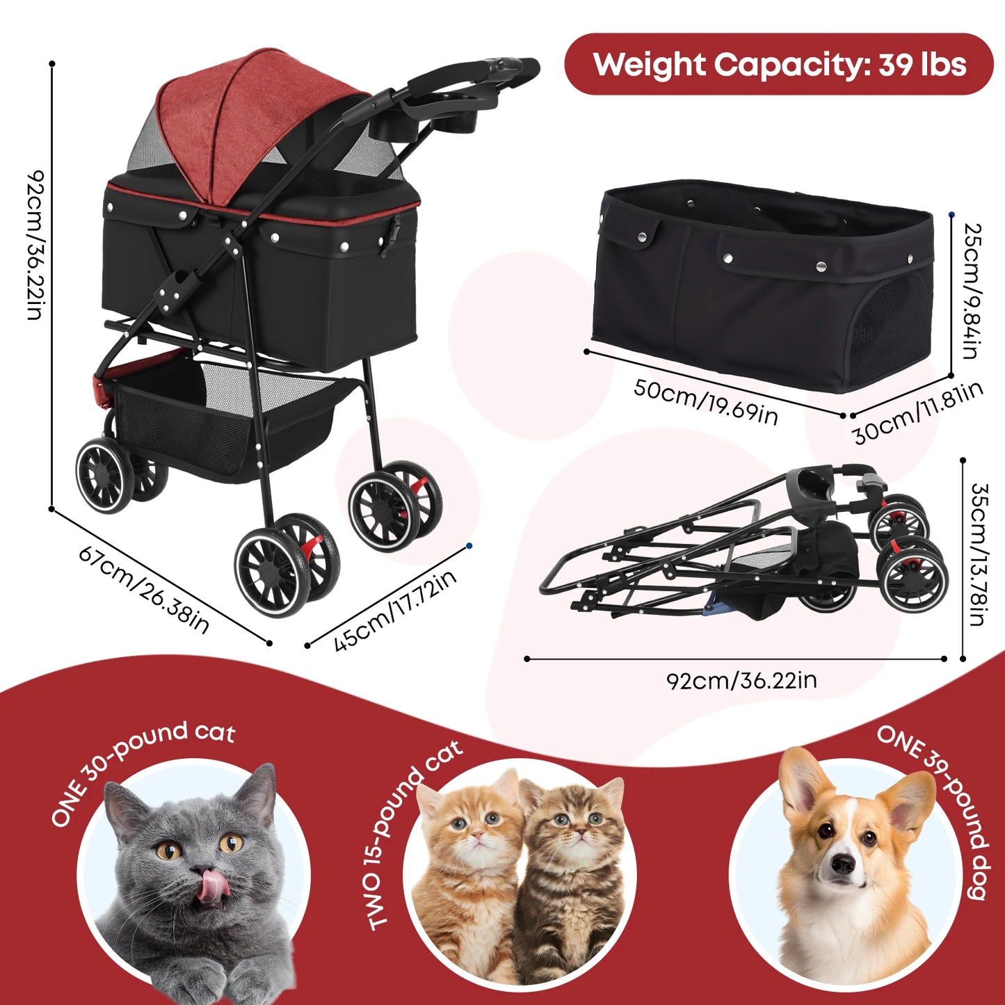 Portable Foldable Pet Stroller For Small Dogs And Cats Carrier With Canopy