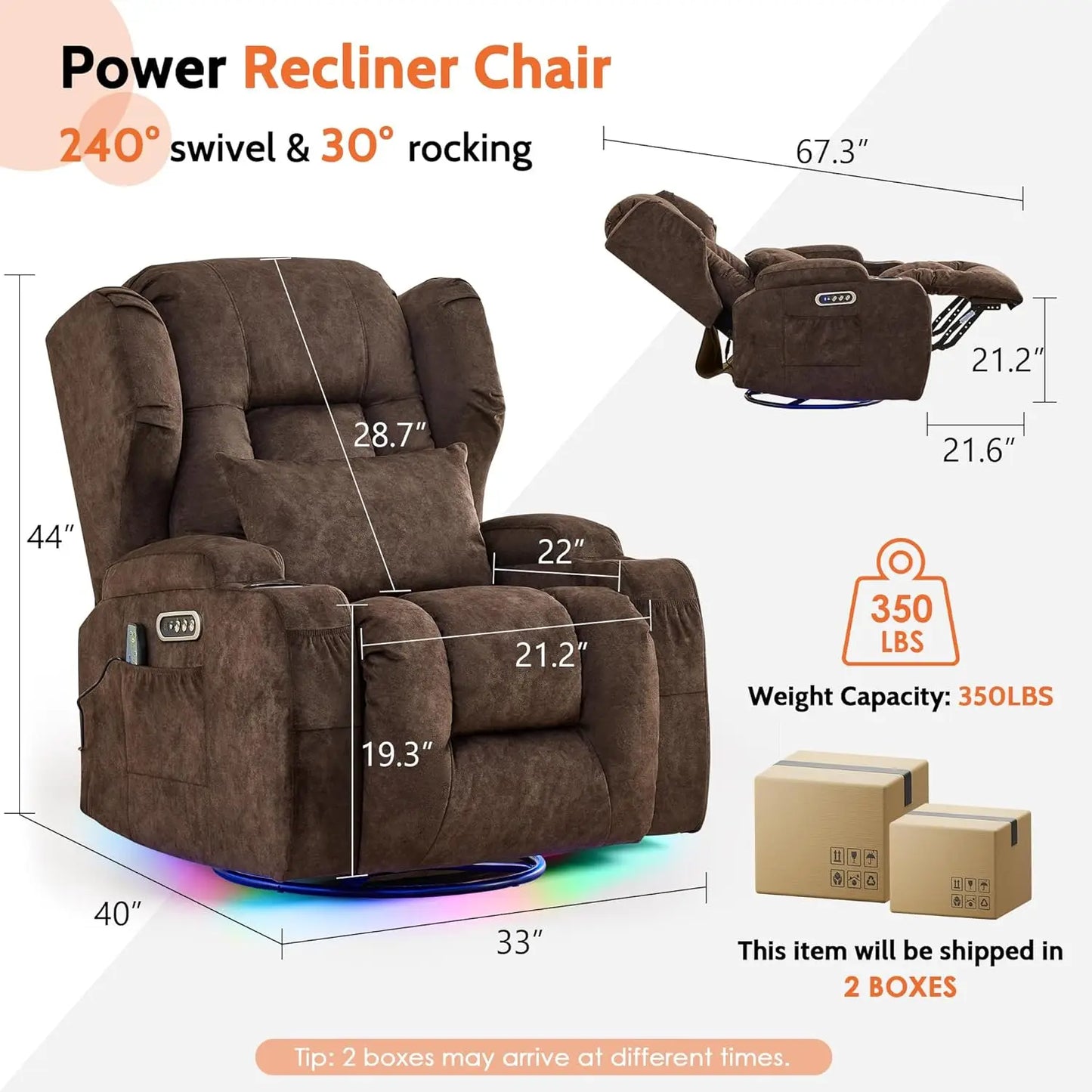 Dual Motor Power Wall Hugger Swivel Rocker Recliner Chair With Massage And Heat