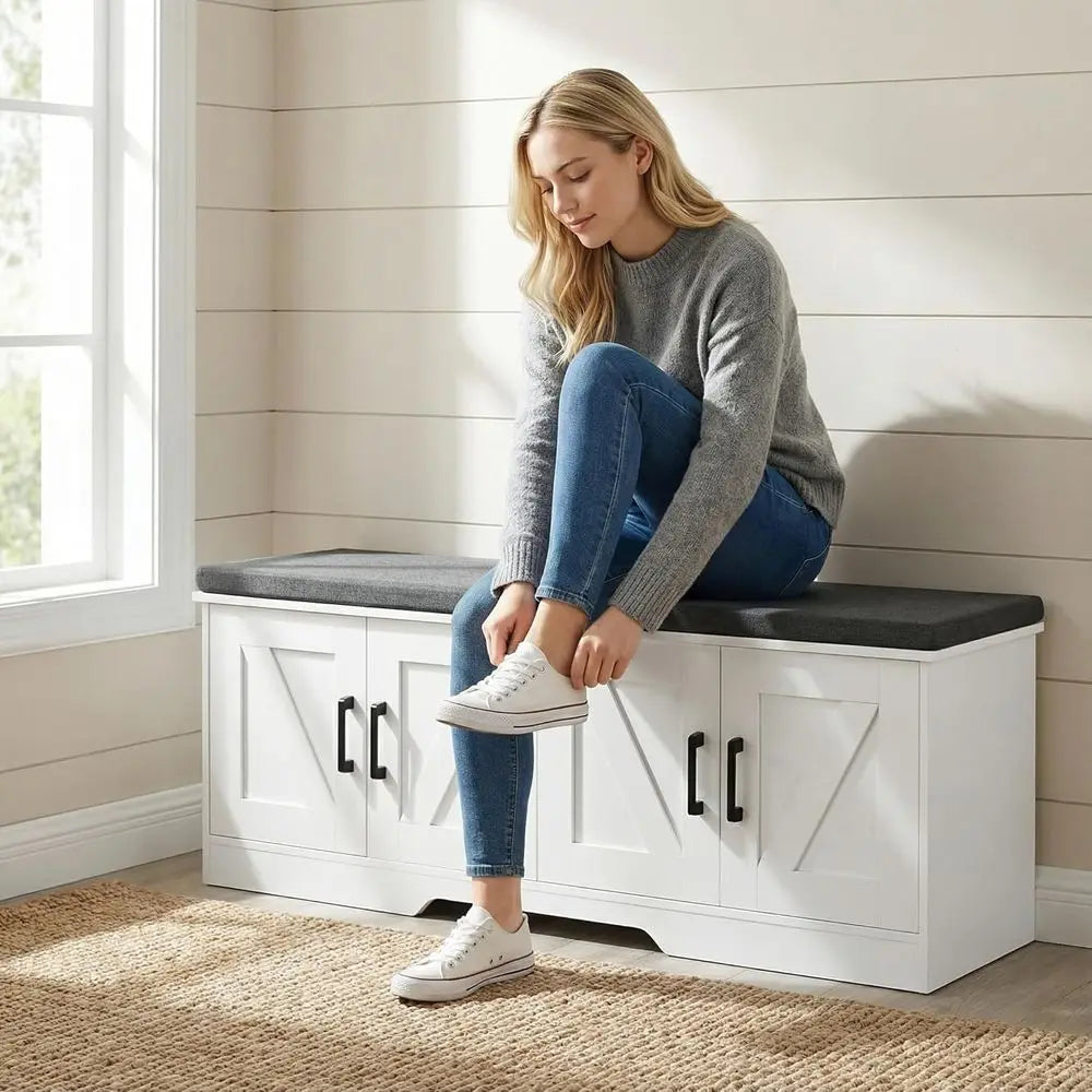 2-Tier Storage Bench With Padded Seat Cushion Entryway Barn Door Shelves