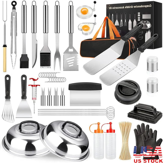 144 Pcs Griddle Accessories Kit BBQ Tool Set with Spatulas Basting Covers Silicone Gloves Burger Press Skewers for Outdoor Cooking