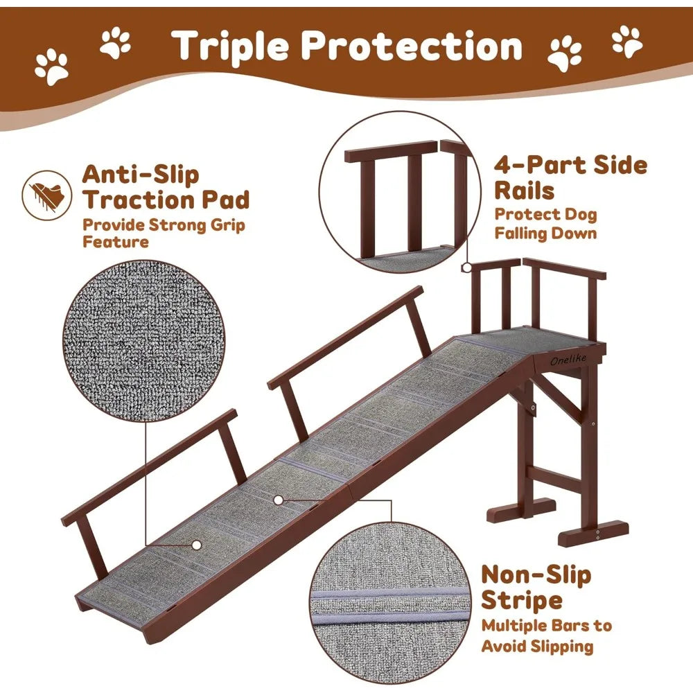 Wooden Dog Ramp for Bed with Removable Side Rail and Non Slip Carpet