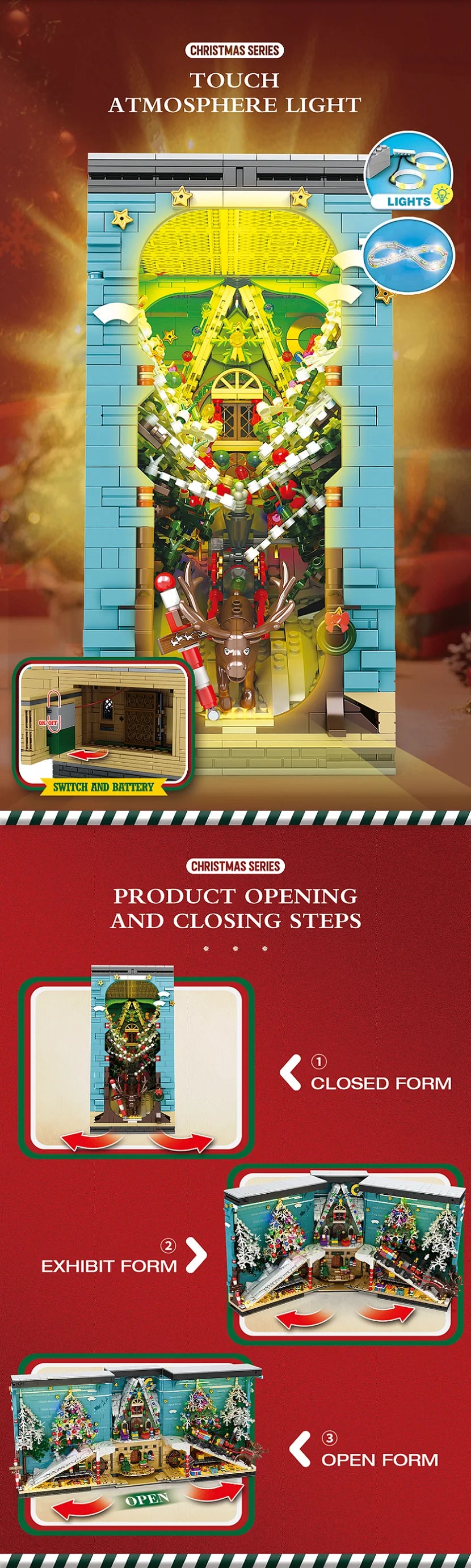 Christmas Book Nook Blocks Set 3260 Pieces DIY Christmas Tree Elk With LED Light