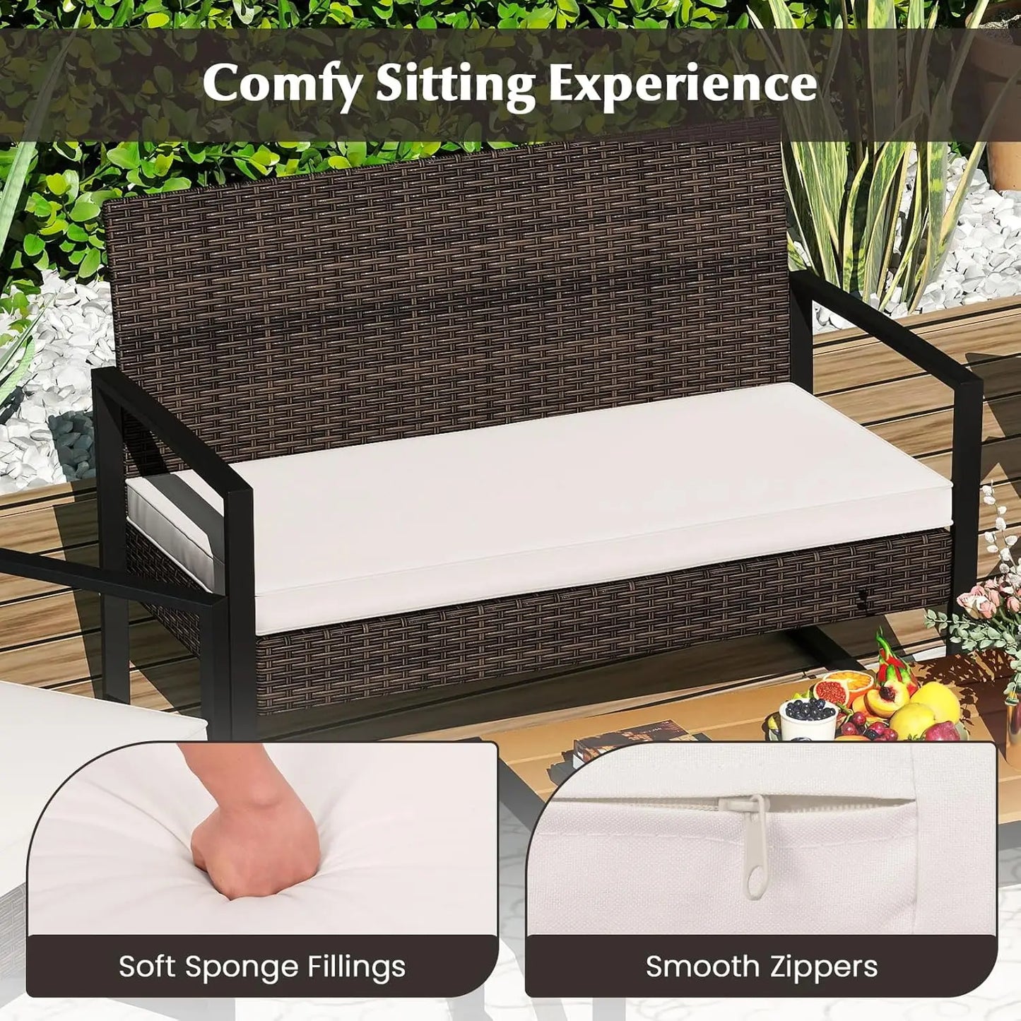 4 Piece Patio Furniture Set Rattan With Cushioned Chairs And Coffee Table