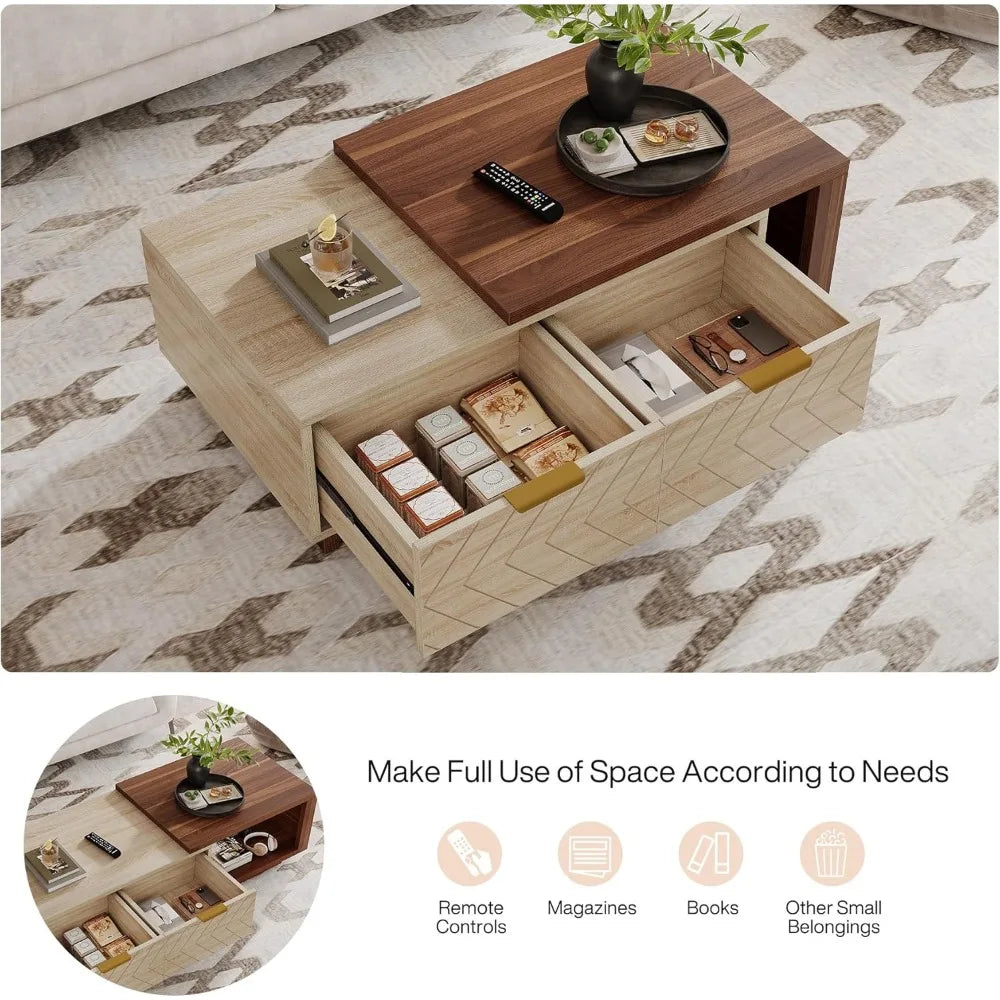 Extendable Coffee Table With 2 Storage Drawers Sliding Top