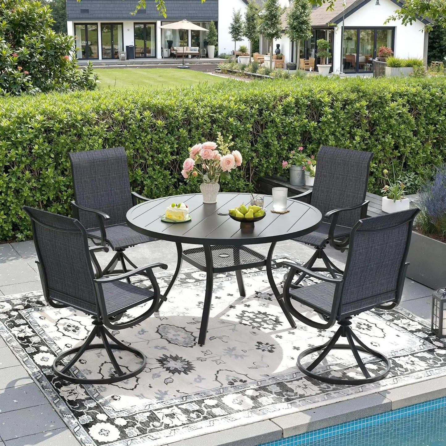 5 Piece Outdoor Dining Set With 4 Textilene Swivel Chairs And 40.6 Black Table
