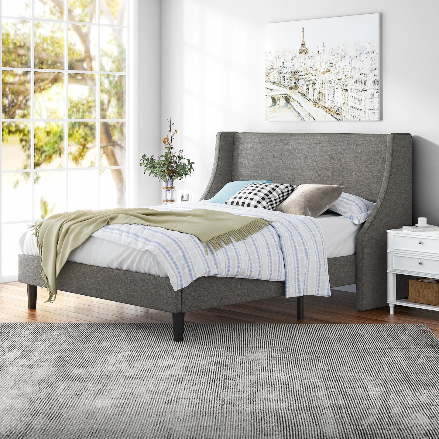 HOOMIC Fabric Upholstered Wingback Platform Bed with Headboard and Wood Slats