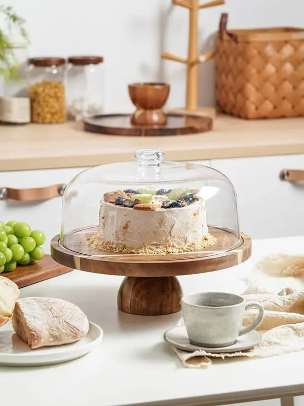 Acacia Wood Cake Stand Acrylic Lid 12 Inch Dessert Display