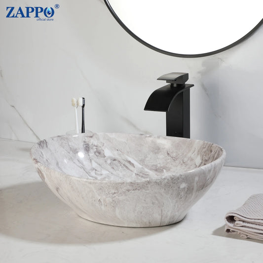 ZAPPO Marbling Rectangle Vessel Sink With Faucet Drain