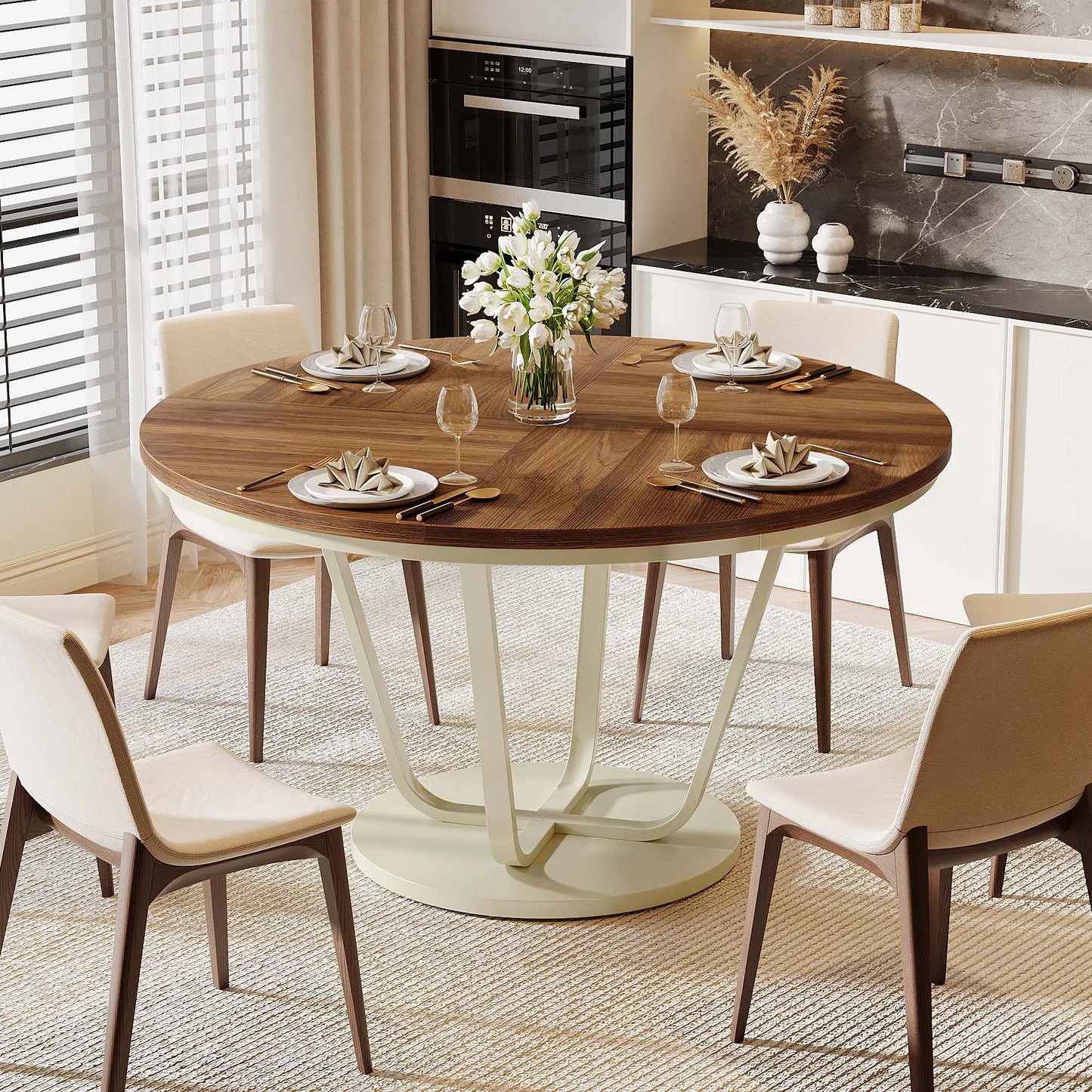 Tribesigns Round Dining Table 47 Inch Farmhouse Kitchen For 4 To 6 Gray Frame