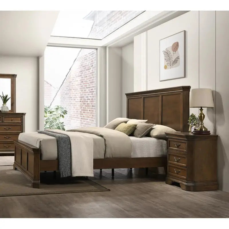 Three Piece Wood Bedroom Set With Queen Panel Bed And Two Nightstands