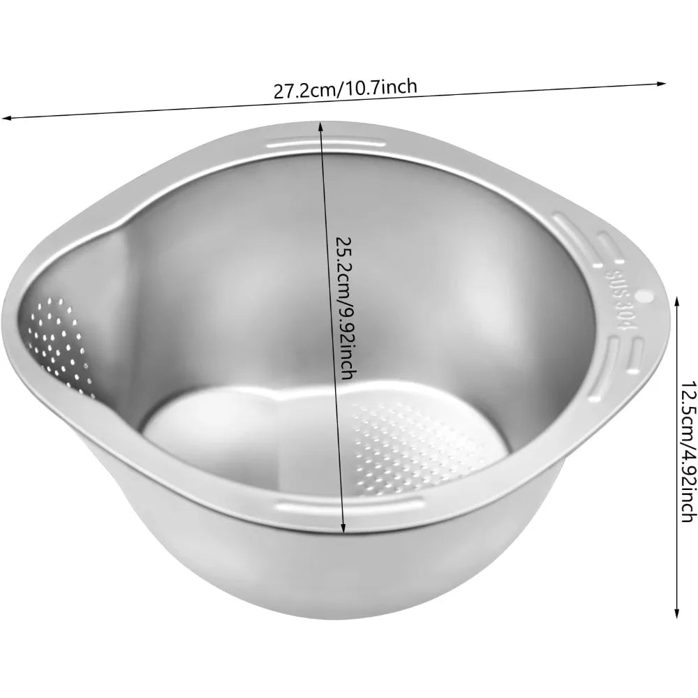Stainless Steel Rice Washer Strainer Bowl With Side Drainers