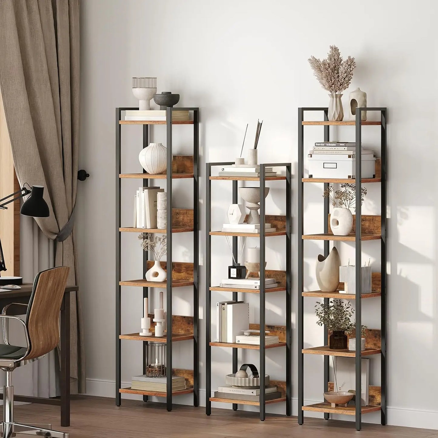 5 Tier Bookcase For Small Spaces Rustic Brown Black Storage Shelf Living Room