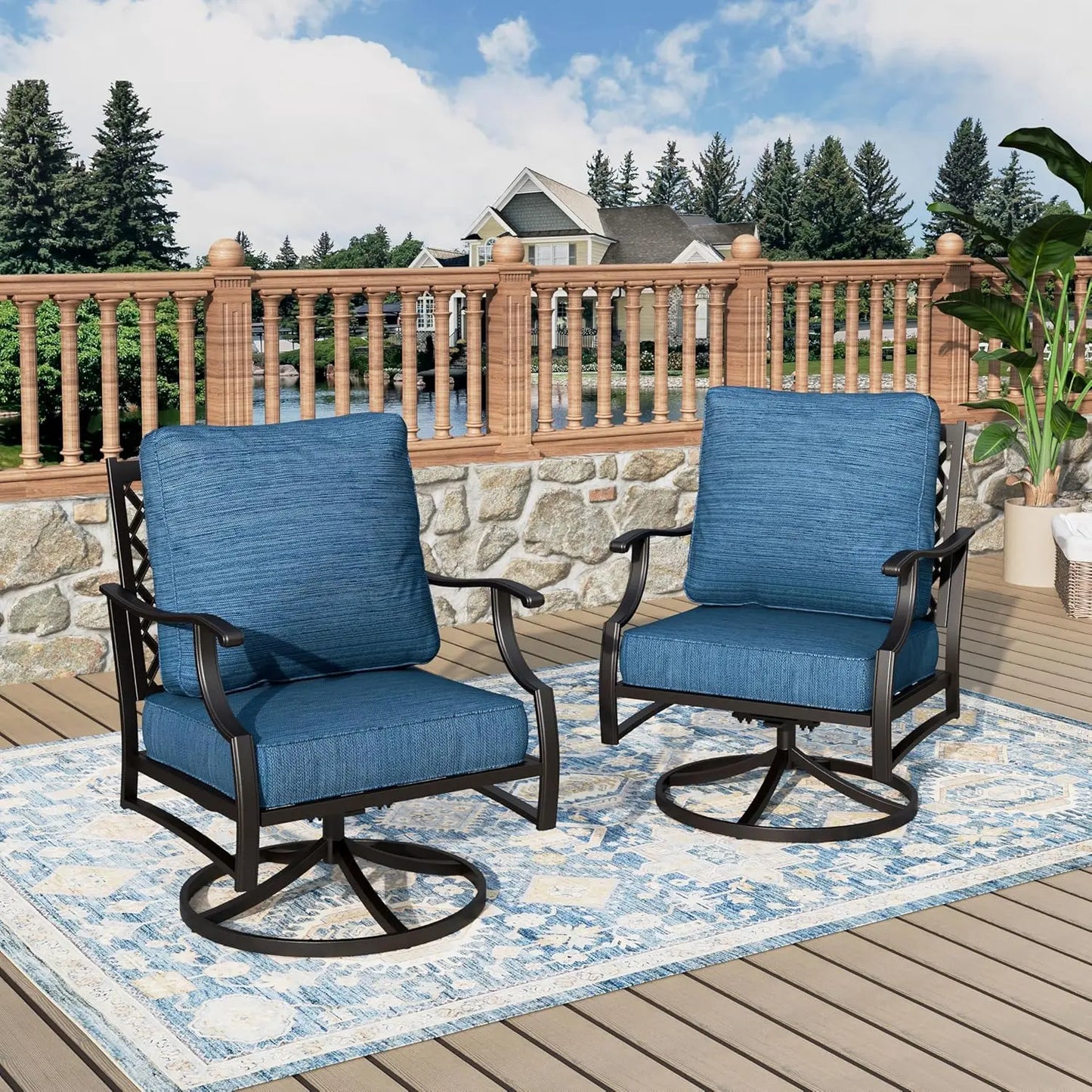Set Of 2 Swivel Patio Chairs High Back Outdoor Metal Cushioned Bistro Seating