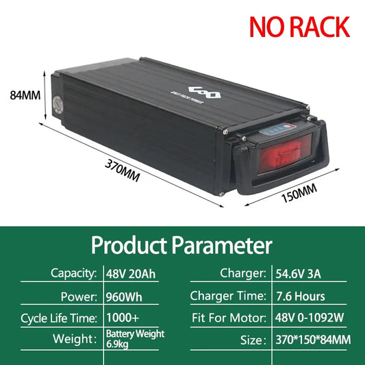 Rear Rack Battery 36V15Ah 48V15Ah 52V20Ah 24 26 28 Inches