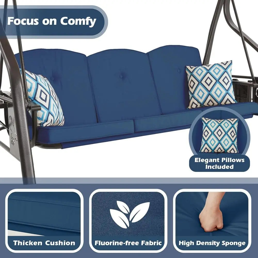 Three Seat Outdoor Porch Swing With Stand Blue Patio Swing Bed Chair Pillows
