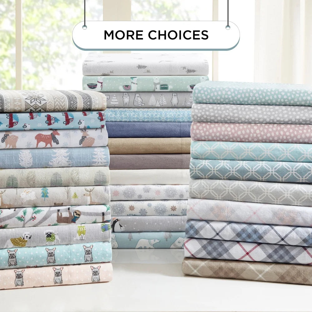 Queen Size Cotton Flannel Sheet Set 4 Piece Blue Geometric