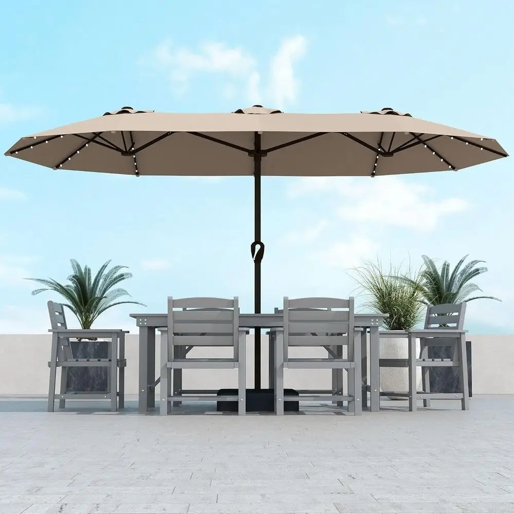 Solar Powered LED Patio Umbrella 13ft Rectangle With Crank Lift Base Beige