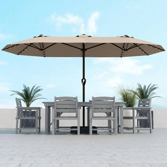 Solar Powered LED Patio Umbrella 13ft Rectangle With Crank Lift Base Beige
