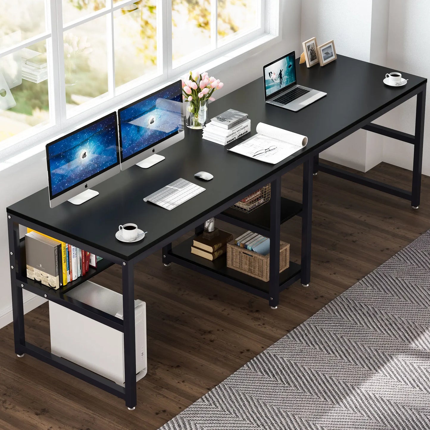 Tribesigns Two Person Desk With Bookshelf 78.7 Inch Rustic Double Computer Desk