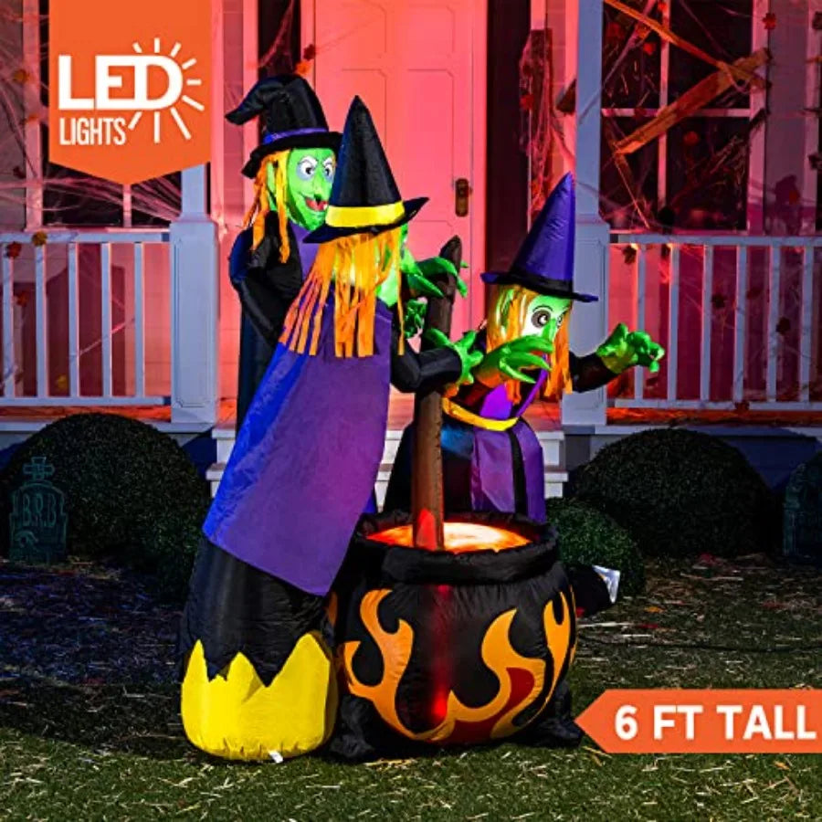 6 Ft Tall Halloween Inflatable Three Witches Cauldron LEDs