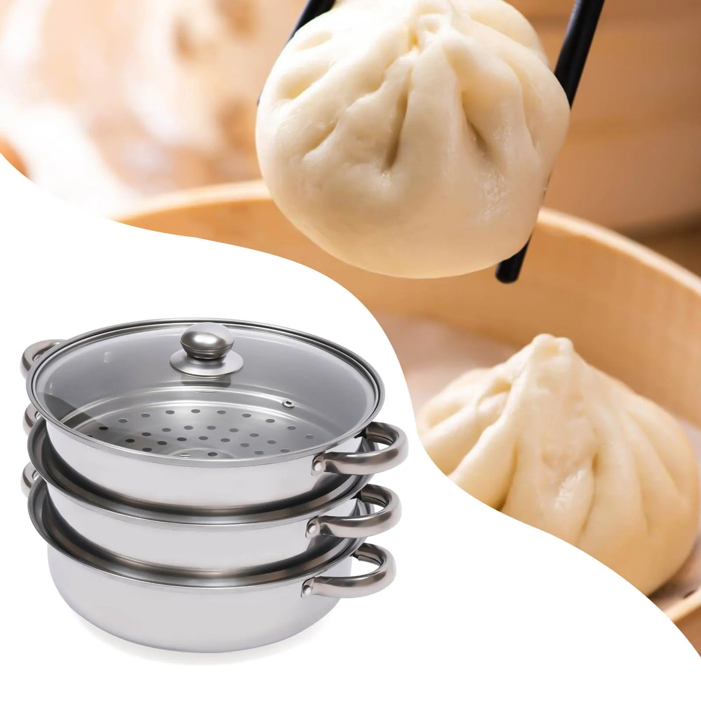 11 Inch 3 Tier Large Stainless Steel Steamer Pot Set with Glass Lid