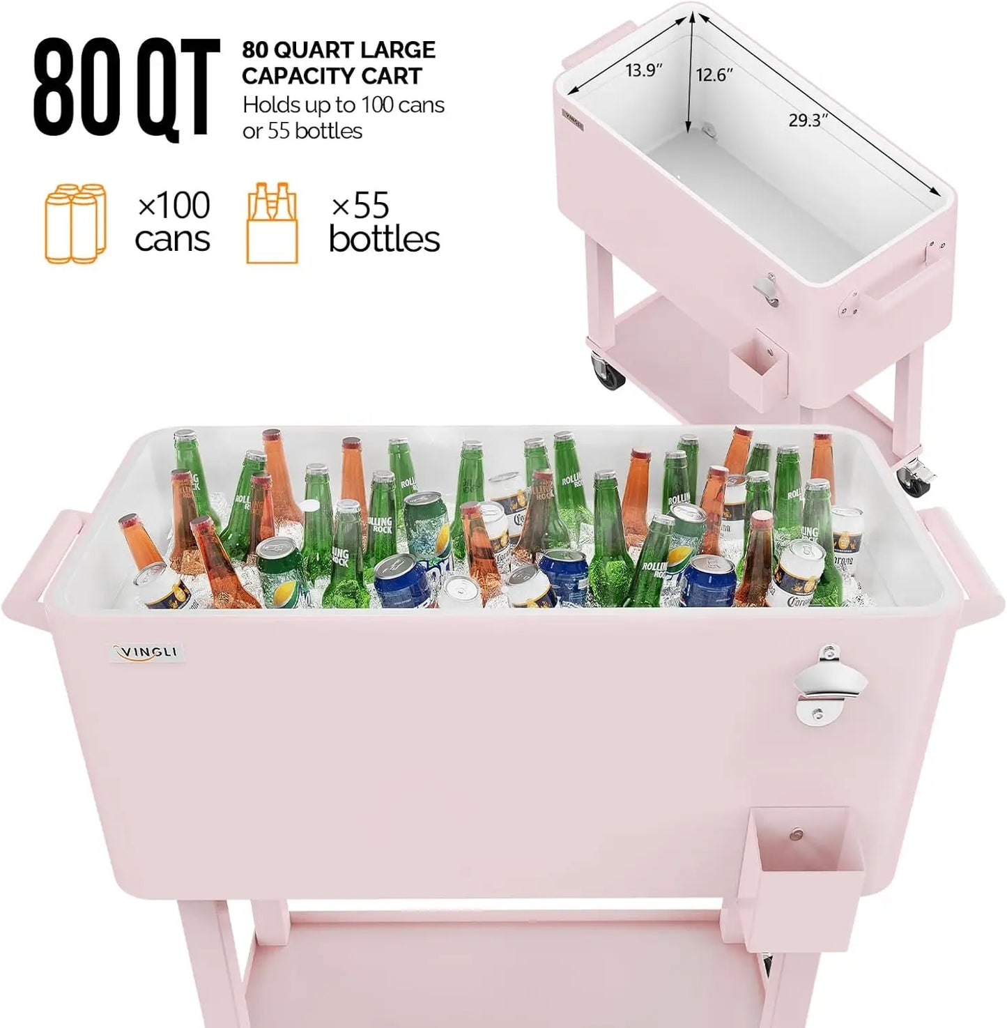 80 Quart Rolling Ice Chest Patio Bar With Cup Holder Wheels