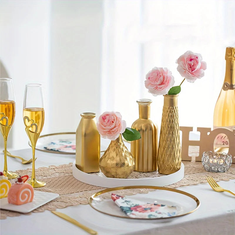 Cylindrical Gold Glass Vase Gilded Finish Antique Art Style Home Decoration Table Centerpiece Halloween Christmas Decoration