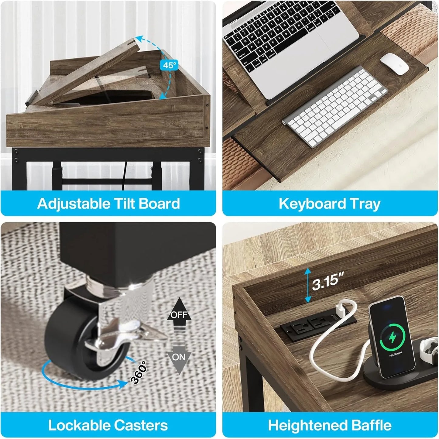 Height Adjustable Overbed Table With Wheels Laptop Desk