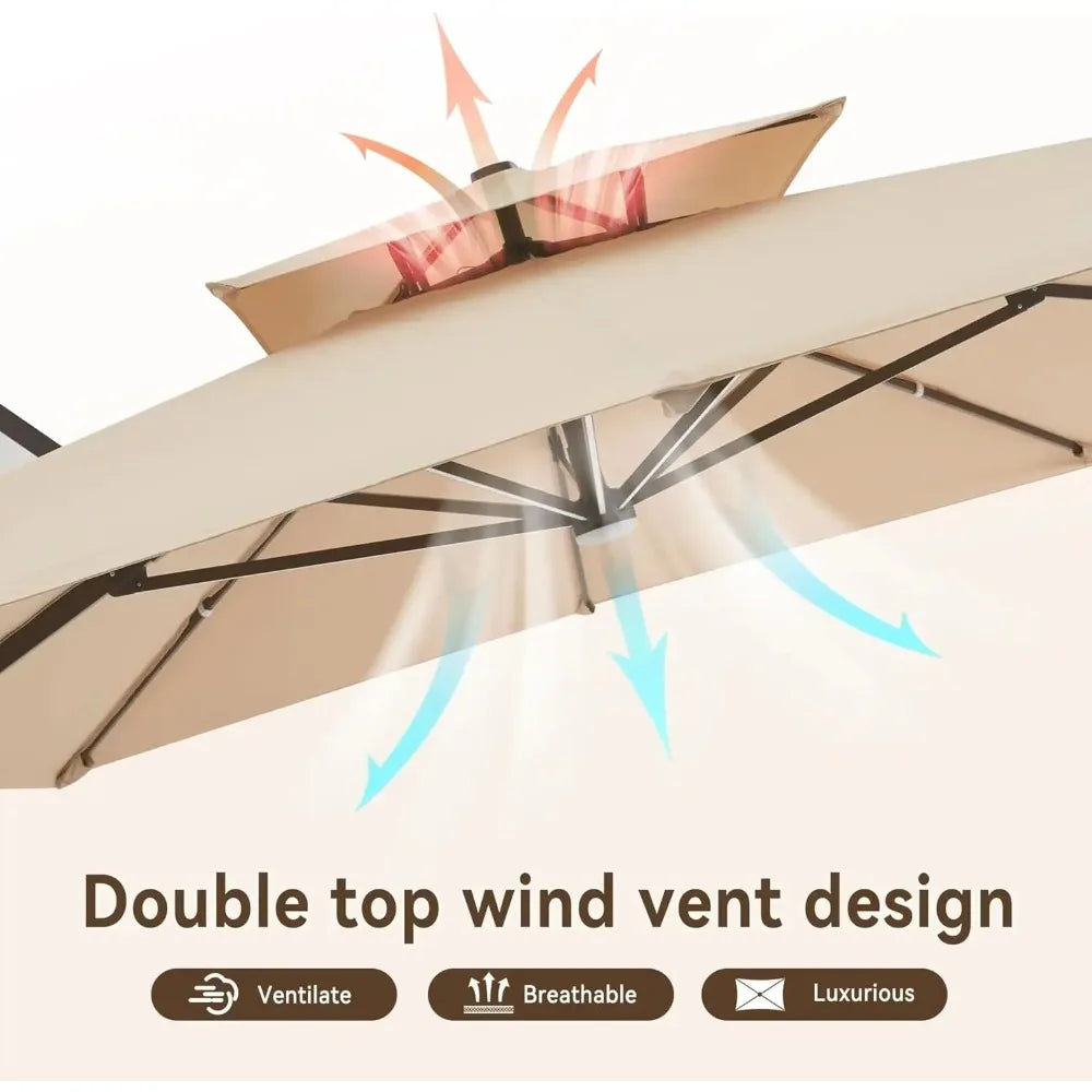 10x13 Ft Cantilever Outdoor Patio Umbrella With LED Lights Beige 360 Rotation