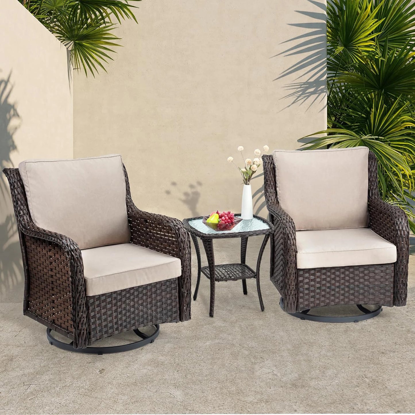 3 Piece Wicker Swivel Rocker Patio Set With Glass Side Table Outdoor Bistro