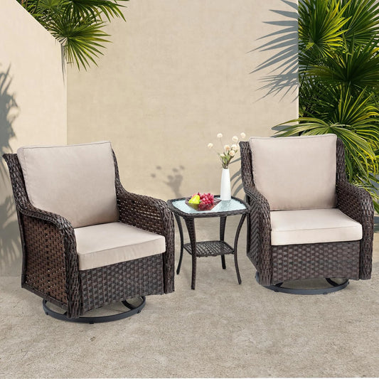 3 Piece Wicker Swivel Rocker Patio Set With Glass Side Table Outdoor Bistro