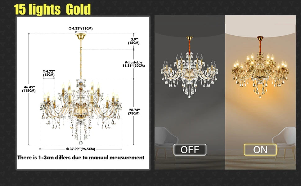 15 Arms Crystal Chandelier Pendant Lighting E14 Modern K9 Glass Fixture for Bedroom Living Room Corridor Hall