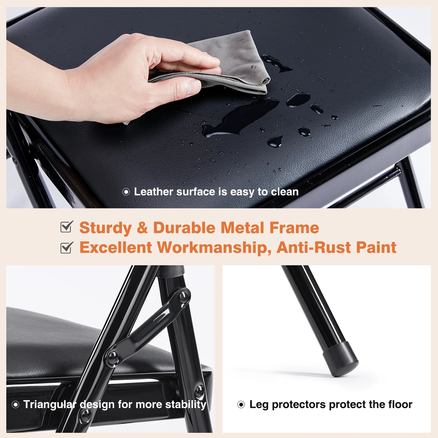 Leather Padded Folding Chairs Set Of 4 Sturdy Metal Frame Indoor Outdoor