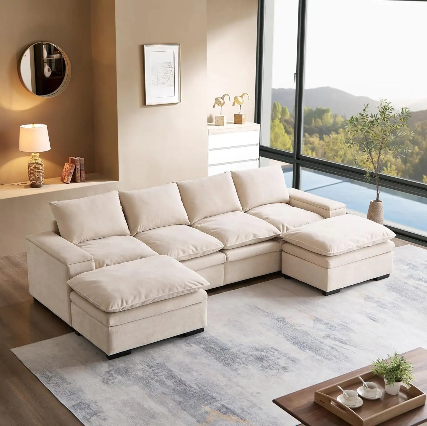 122 Inch U Shaped Modular Sectional Sofa With Movable Ottoman And Covers