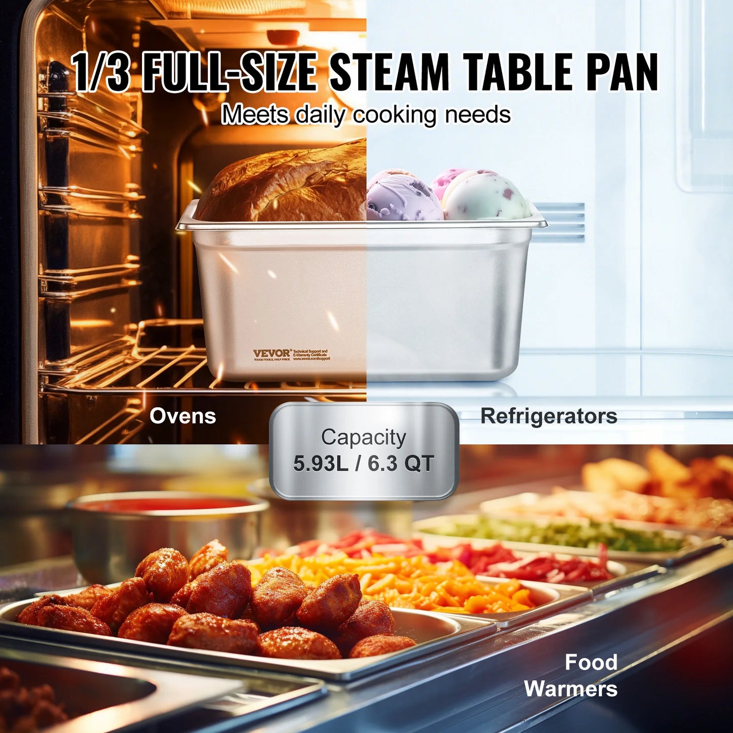 VEVOR 8 Pack Buffet Chafing Dishes 5.93L Stainless Steel Steam Table Pans with Lid 6 Inch Deep Catering Food Pan