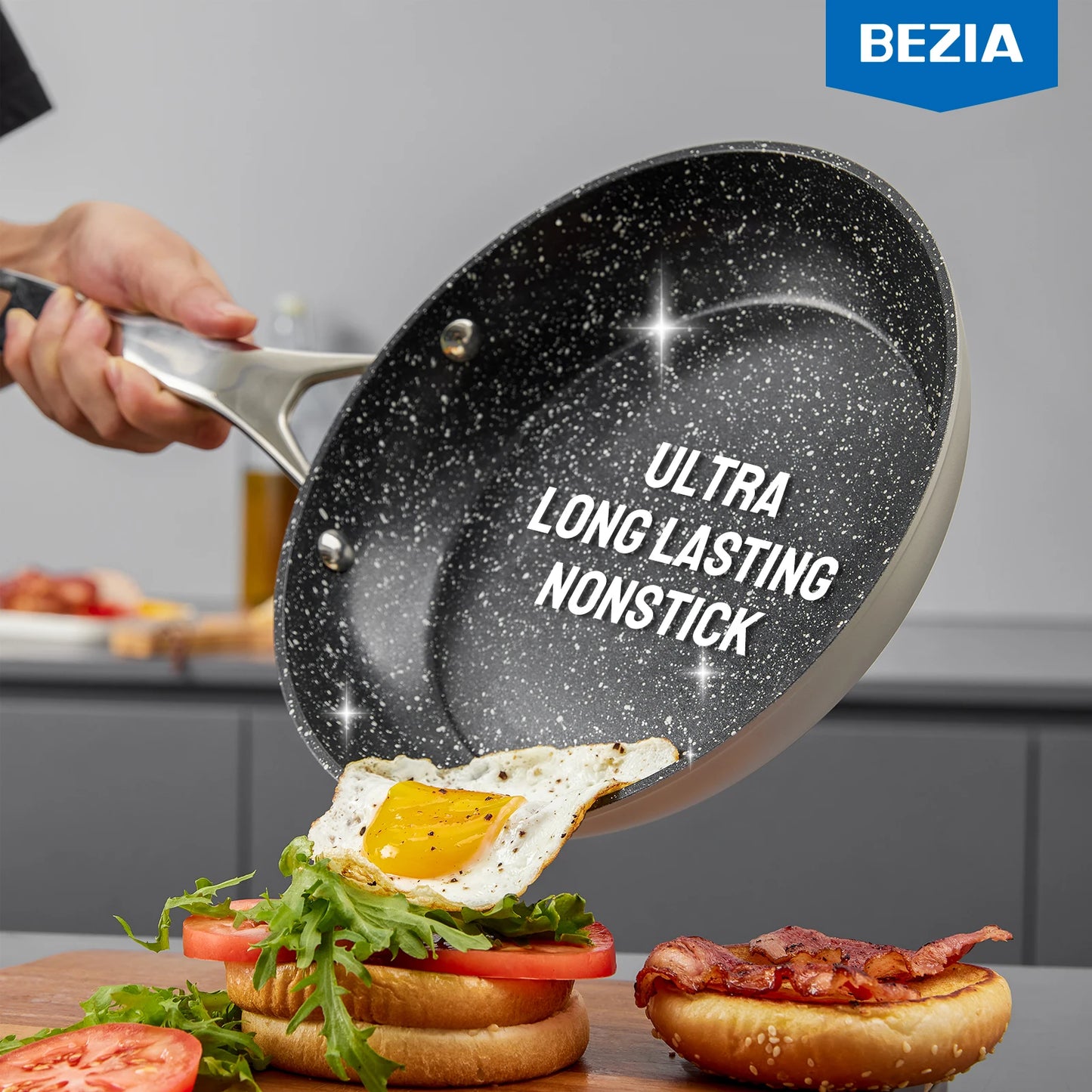 Induction Cookware Nonstick 10 Piece BEZIA Pots and Pans Set for Induction Cooktop Compatible with All Stoves