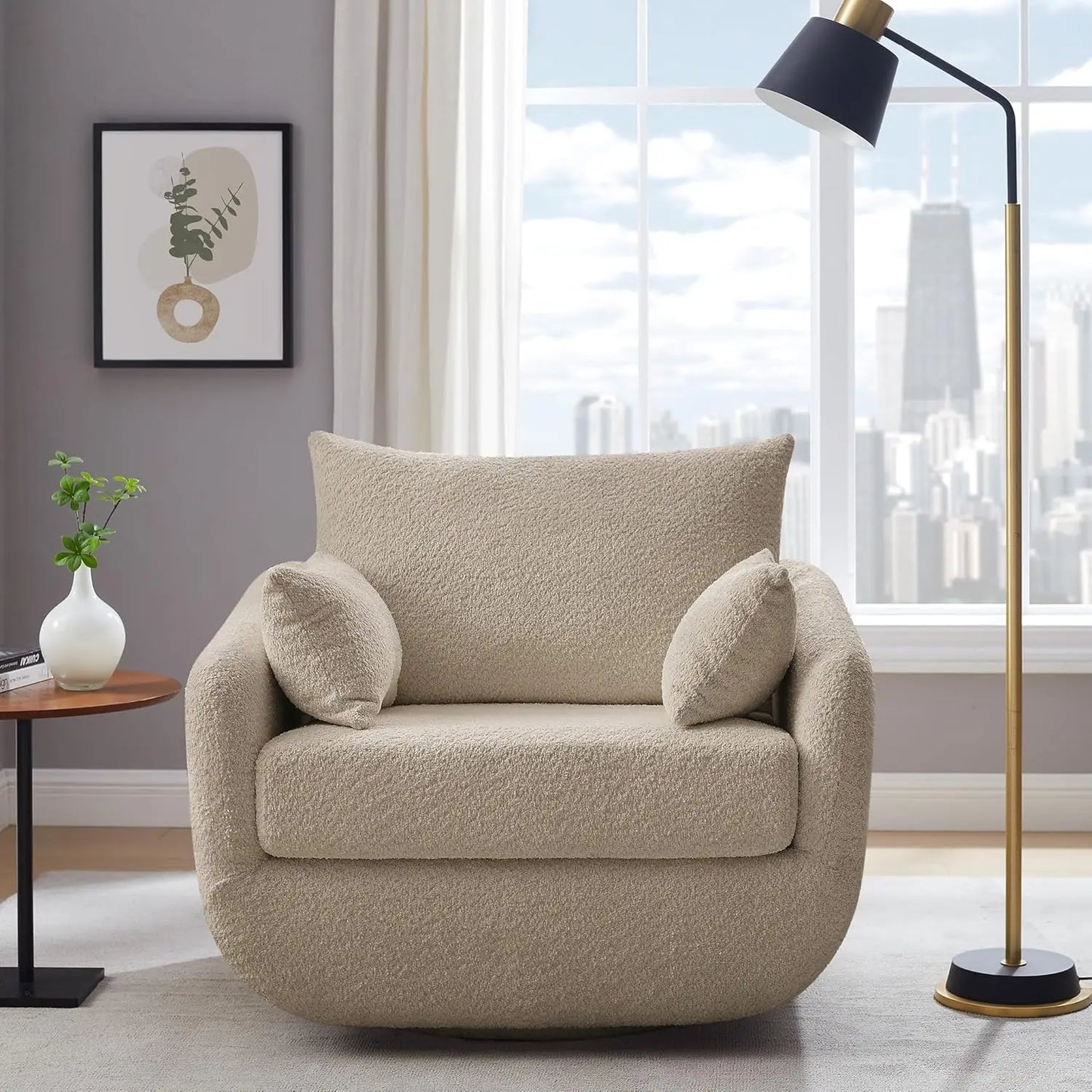 360 Degree Swivel Armchair Oversized Sherpa Boucle With Removable Back Pillows