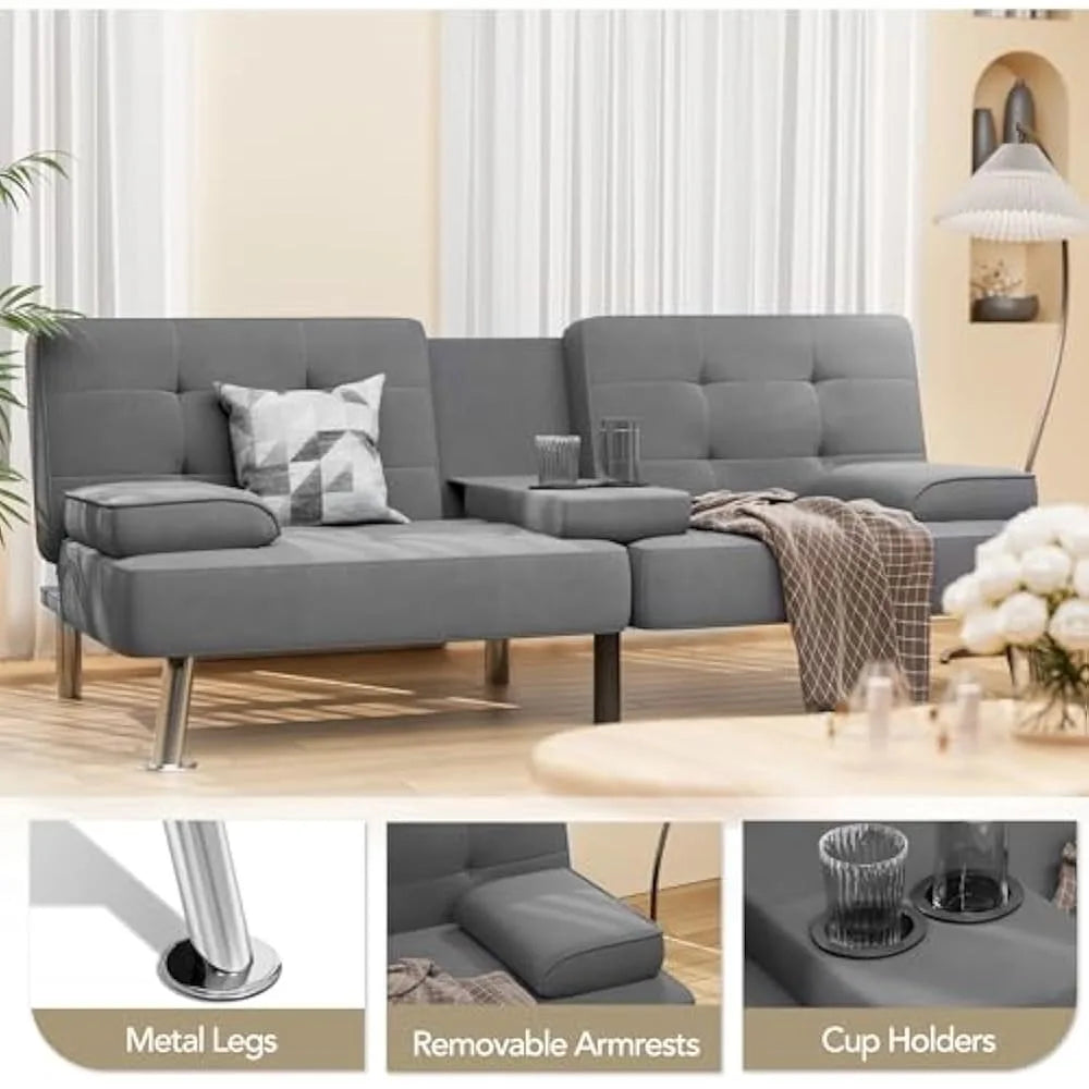 Convertible Sofa Bed With Removable Armrests Cupholders