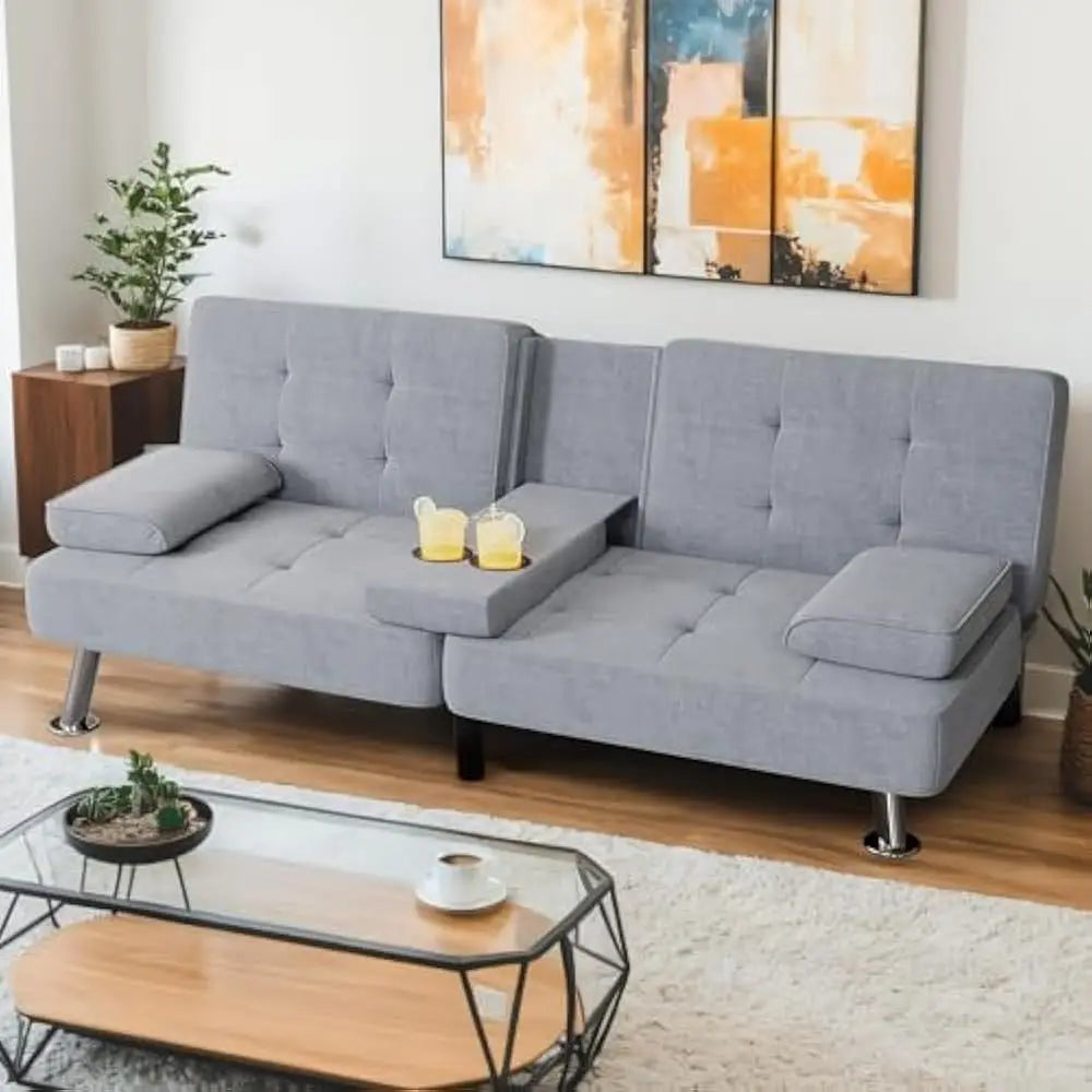 Convertible Sofa Bed With Removable Armrests Cupholders